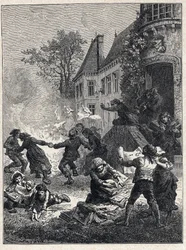 Révolution française : les paysans brûlent leurs titres féodaux et dansent autour du feu pour célébrer l