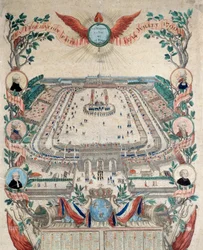 Révolution française : vue de la fête de la Fédération nationale du 14/07/1790 au Champ-de-Mars. Gravure de 1790. Paris, Archives nationales