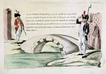Douaniers français et luxembourgeois se saluant amicalement (question des frontières sous la révolution), fin 18e