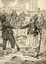 Soldats français et sardes se serrant la main pour célébrer leur victoire contre les Autrichiens après la bataille de Palestro, Italie