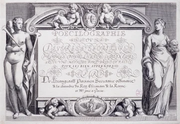 Calligraphie française : Poecilographie, frontispice, par Baptiste de Beaugrand en 1606