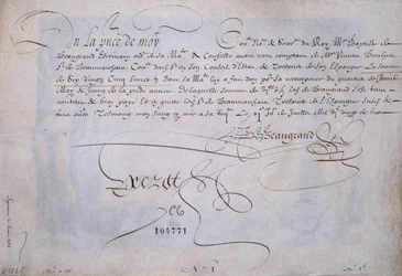 Calligraphie française : Reçu en faveur de Bernard de Beaugrand délivré le 2 juillet 1623. Bibliothèque Historique de la Ville de Paris