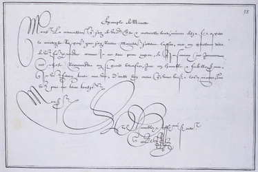 Calligraphie française : Technographie, « exemple de minute » par Guillaume Le Gangneur vers 1599. Bibliothèque historique de la ville de Paris.