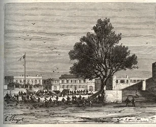 Colonies françaises en Afrique - Place du gouvernement à Gorée - gravure dans "La France illustrée : géographie, histoire, administration statistique" par V.A. Malte-Brun. 1884