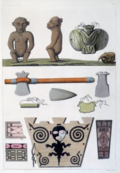 Colonies françaises : objets des Arawaks, premiers habitants de la Martinique aux Antilles. Gravure du 19ème siècle