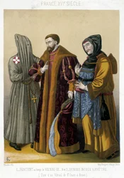 Costumes français au XVIe siècle : À gauche, un pénitent, au centre un noble et à droite un prêtre. Illustration du XIXe siècle de Saint Ouen à Rouen