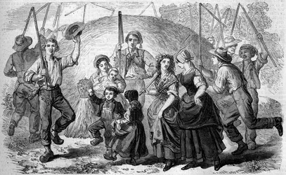 Coutume française : chants et danses des paysans autour de la dernière gerbe de sarrasin de la récolte. Condé-sur-Noireau, Calvados (14)