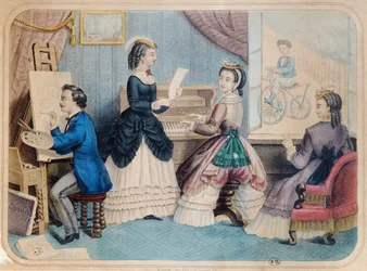 Planche de mode française représentant des activités artistiques, 1867