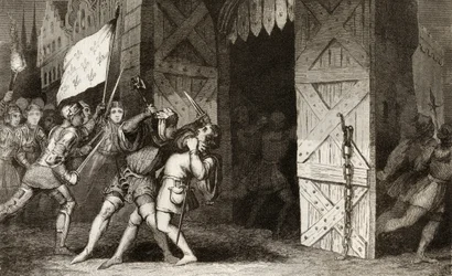 Chevaliers français attaquant une ville tenue par les Anglais pendant la guerre de Cent Ans, de 