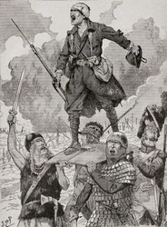 Affiche de propagande française intitulée « On Les Aura ». Quatre soldats de différentes périodes historiques portent un soldat de la Première Guerre mondiale blessé mais défiant sur un bouclier. De l
