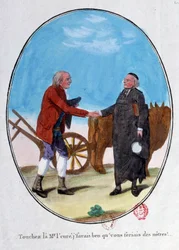 Révolution française : un paysan et un prêtre se serrent la main. “Touchez là monsieur, je savais que vous seriez des nôtres.” Caricature gravée de la fin du 18ème siècle. Paris, Bibliothèque de l