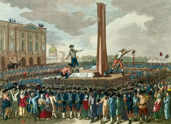 Révolution française : exécution à la guillotine du roi Louis XVI (1754-1793), le bourreau présente sa tête coupée. Gravure d