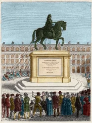 Révolution française : renversement de la statue du roi Louis XIV (1643-1715), place Vendôme à Paris