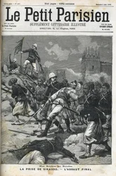 Soldats français au Soudan : mai 1898. Sac de Sikasso par le colonel Audeoud (Soudan). La prise de Sikasso. Couverture de « Le Petit Parisien » de juin 1898.