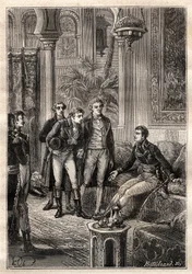 Friedrich Konrad Hornemann (1772-1801) rencontre Napoléon Bonaparte au Caire en 1797 en présence de Gaspard Monge (1746-1818) et Claude Louis Berthollet (1748-1822) - illustration tirée de « Les grands marins du XVIIIe siècle »
