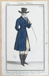 Redingote avec chapeau de paille, pantalon en nankin et bottes souples, 1819