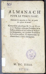 Frontispice du livre "Almanach pour le temps passé", par Jean Guerin