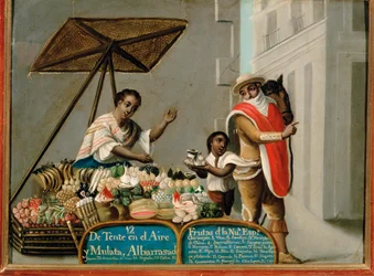 Étalage de fruits avec énumération de fruits exotiques du Mexique