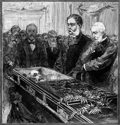 Funérailles de James Abram Garfield (1831-1881), président des États-Unis : son remplaçant, Chester Alan Arthur (1830-1886) et le secrétaire Blain devant le cercueil sous le dôme du Capitole de Washington. Gravure dans « Le Monde Illustré » n°1282 de