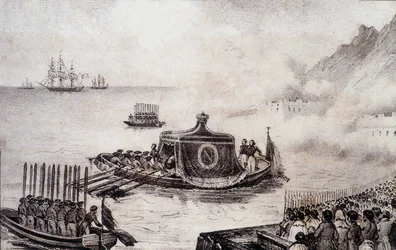 Funérailles de Napoléon Ier : départ de Sainte-Hélène - dessin de Levilly, dans « Peinture historique des funérailles de Napoléon » par M. St Maurice, vers 1851