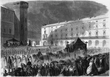 Funérailles du comte de Cavour, Turin, 7 juin 1861 : cortège funèbre portant le cercueil de Camillo Benso, comte de Cavour (1810-1861), homme politique italien. Gravure dans « Le Monde Illustré » n°219 du 22 juin 1861.