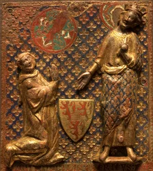 Plaque funéraire : Guy de Meyos agenouillé devant Saint Louis (Louis IX de France)