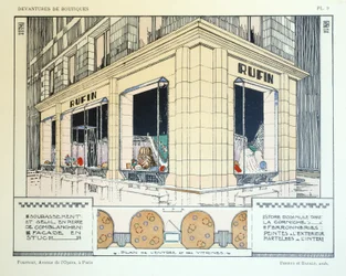Fourreur, Planche 9, illustration de Devantures de Boutiques par Louis-Pierre Sezille, Paris, 1927