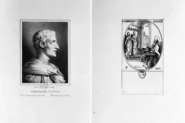 Caius Cornelius Tacite (56 apr. J.-C. - vers 120), gravé par Julien, et saint Grégoire de Nazianze (vers 329 - vers 390), gravé par Israel
