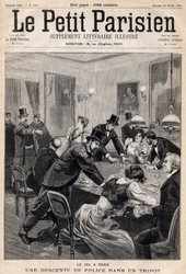 Maison de jeu à Paris : Descente de police dans un club de jeu (casino). Dans « Le Petit Parisien » le 26/02/1893 (gravure)