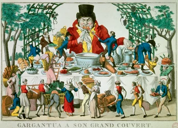 Gargantua personnage des romans de François Rabelais (1494-1553), écrivain français. Gargantua a un grand dais et a toutes sortes de plats. Estampes du 19ème siècle Paris, Musée Carnavalet