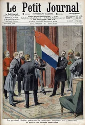 Le général Pieter Willem Botha (un Boer) présente le nouveau drapeau du Transvaal (Afrique du Sud) au ministre colonial anglais Lord Elgin - Dans « Le Petit Journal » du 21 juillet