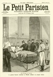 Le général Saussier remettant la médaille militaire française à un pompier nommé Garbez, blessé en service (gravure)
