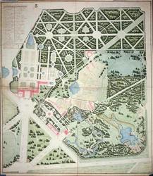 Plan général des parcs des deux palais de Trianon, Versailles, début du 19e siècle (plume et encre et aquarelle sur papier)