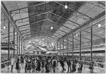 Vue générale de la salle de patinage sur glace artificielle « Le pôle nord » rue de Clichy à Paris en 1892.