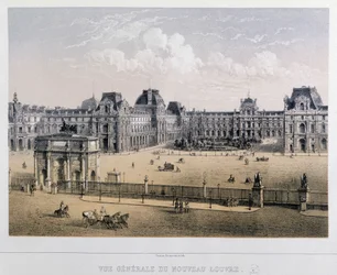 Vue générale du nouveau Louvre : Arc du Carrousel - Gravure du 19e siècle