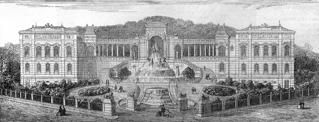 Vue géométrale du Palais de Longchamp à Marseille, Bouches-du-Rhône (13), construit en 1862 par Henri Jacques Espérandieu (1829-1874). Gravure dans "Le Monde Illustré" n°681 du 30 avril