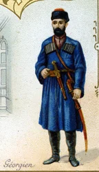 Homme géorgien. Édition la lithographie parisienne, fin du 19e siècle. Série de 25 chromos publicitaires pour la manufacture de Biscuits Pernot de Dijon, créée en 1869. Détail des personnages en costume traditionnel