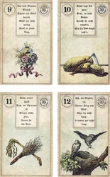 Édition allemande du jeu de cartomancie français Lenormand : Les Fleurs, La Faux, La Verge, Les Oiseaux, publié par Dondorf, Francfort, XIXe siècle