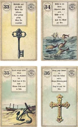 Édition allemande du jeu de cartomancie français Lenormand : La Clé, Le Poisson, L