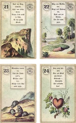 Édition allemande du jeu de cartomancie français Lenormand : La Montagne, La Route, Les Souris, Le Cœur, publié par Dondorf, Francfort, XIXe siècle