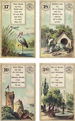 Édition allemande du jeu français de cartomancie Lenormand : La Cigogne, Le Chien, La Tour, Le Jardin, publié par Dondorf, Francfort, XIXe siècle