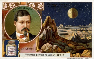 Giovanni Virginio Schiaparelli (1835-1910), astronome italien et paysages lunaires - chromolithographie Liébig, vers 1900