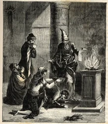 Guèbres (ou Zoroastriens) - Adorateurs du feu - gravure dans «Sciences à la portée de tous - physique et chimie populaires» par Alexis Clerc. Fin du XIXe siècle. Collection privée