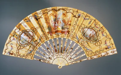 Éventail représentant le repos pendant la chasse, soie peinte et os, créé par Felix Alexandre, Paris, vers 1870, France