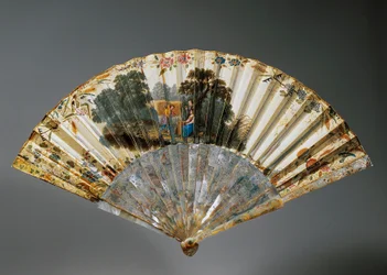 Éventail avec allégories des quatre saisons, feuille de peau de chèvre et côtes en nacre