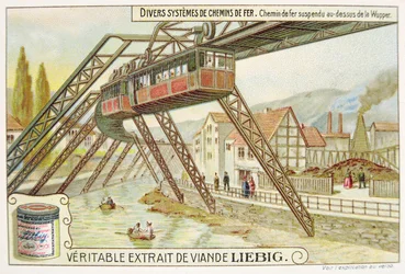 Train suspendu sur la rivière Wupper, carte publicitaire pour Véritable Extrait de Viande Liebig