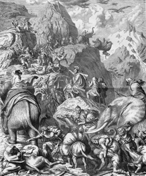 Hannibal traversant les Alpes avec des éléphants pour arriver en Italie (IIe guerre punique). Gravure du XIXe siècle.