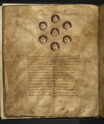 Illustration des visages des Pléiades, sept sœurs qui vivaient dans les cieux comme des étoiles, avec leurs noms inscrits autour d