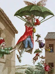 Portés par des parapluies et des papillons, des hommes et des femmes s