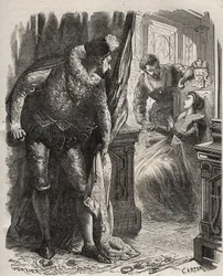 Henry Stuart dit Lord Darnley (1545-1567) surprit sa femme, la reine Marie Ière Stuart (1542-1587), avec son secrétaire particulier, David Rizzio (d. 1566). Gravure de 1871 dans "Histoire Des Cocus Célèbres" par Henry de Kock (1819-1892).